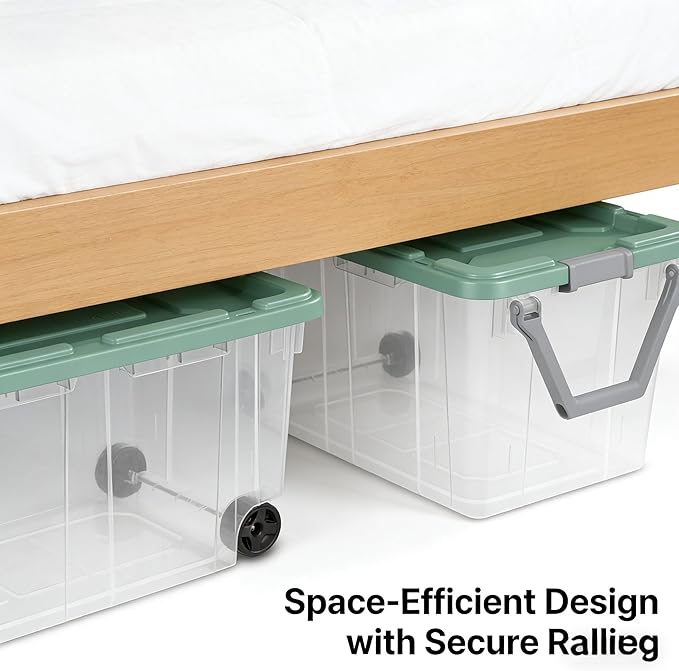 2-Pack 160-Quart Extra Large Capacity Storage Containers Durable Transparent Bin with Leak-Proof Lid Wheeled Portable Heavy-Duty Organizer Stackable for Outdoor Garage Storage Green and Clear