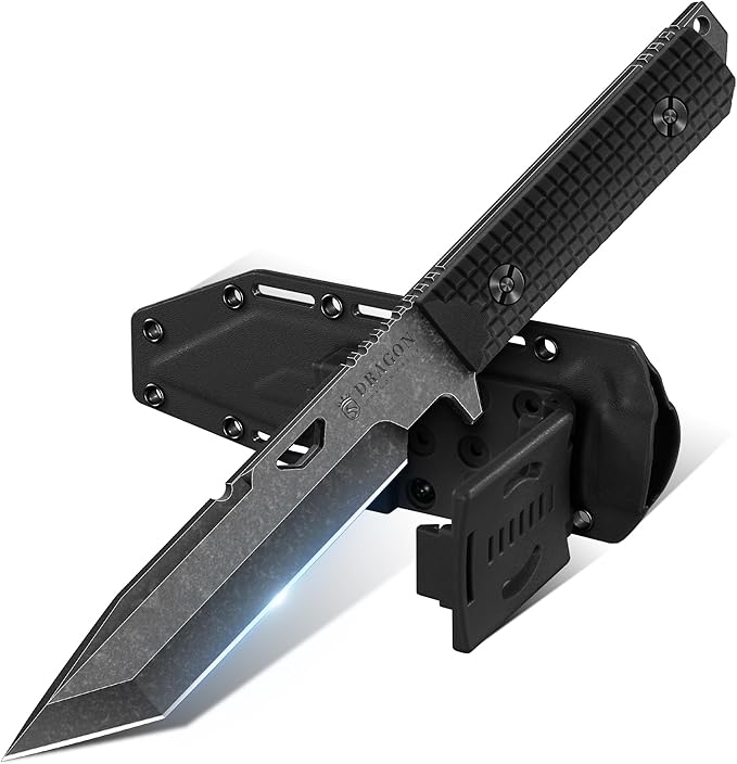 Dragon Creek Tactical Knife Kydex - Outdoor Survival Knife with Sheath D2 Steel Blade G10 Full Tang Handle for Camping Hiking Christmas Thanksgiving Gift Men Black