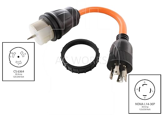 AC WORKS Generator to Transfer Switch 50Amp Inlet Box Adapter (L14-30 30Amp 4-Prong to CS6364 Flexible)