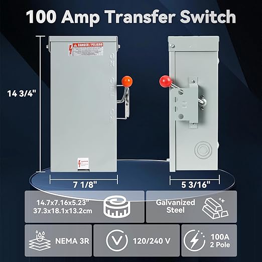 100A Generator Transfer Switch24000W General-Duty Double-Throw Safety Switch120/240-Volt Transfer SwitchesStronger Stability Manual Transfer SwitchesNEMA 3R Standards for Outdoor and Indoor