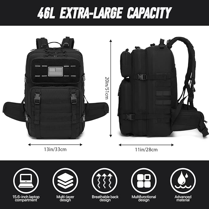 Tactical Backpack for Men Water Resistant 46L Military Backpack Large Army 3 Day Assault Pack for Hiking Camping Gym with Molle System Black