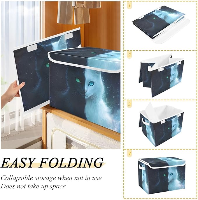 Two Face Cat Storage Cube Bins Basket with Lid Collapsible Flip-top Fabric with Handle for Home Bedroom Closet Office 16.5×12.6×11.8 in