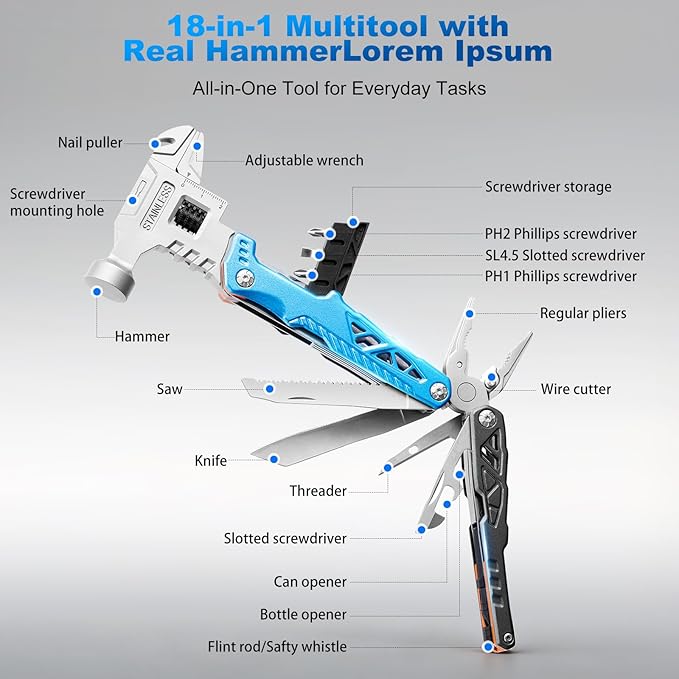 18-in-1 Multitool with Hammer &amp Adjustable Wrench Heavy-Duty Stainless Steel Folding Multi Tool Pliers for Camping Survival &amp Emergency Practical Gifts for Men &amp Dad (Blue)
