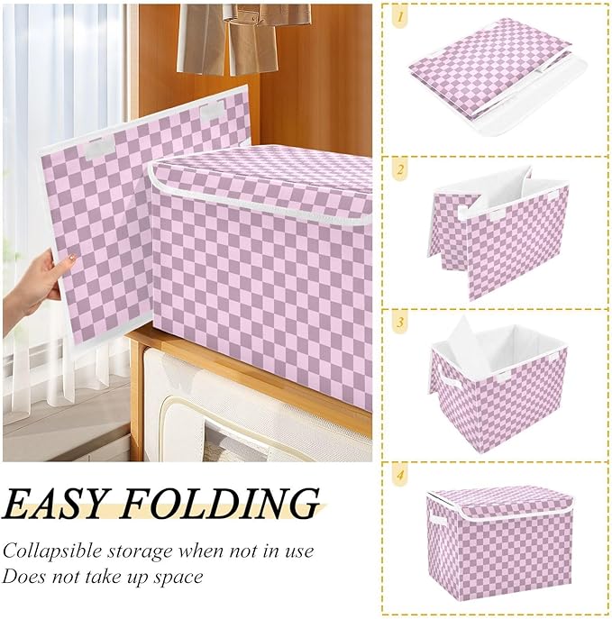 Grey Pink Checkerboard Storage Baskets Lidded Bin Foldable Storage Boxes Cubes Lids with 2 Handles for Organizing Closet Home Office