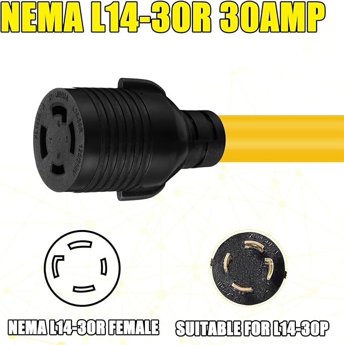 Tellegloww 15 FT 5-15P to L14-30R Adapter Cord Generator Transfer Switch Generator House Inlet Box Adapter 15Amp 3Prong 5-15 Male to 30Amp 4Prong L14-30 Locking Female 10 AWG ETL Listed