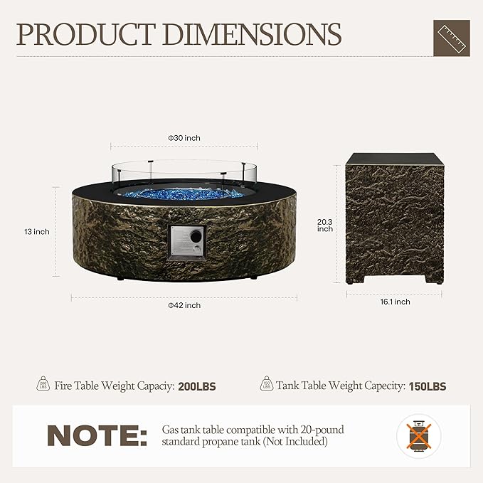 UPHA 42-inch Outdoor Propane Gas Fire Pit Table 50000 BTU Concrete Round FirePit for Outside Patio with Propane Tank Cover Wind Guard Blue Glass Rocks Rain Cover Bronze