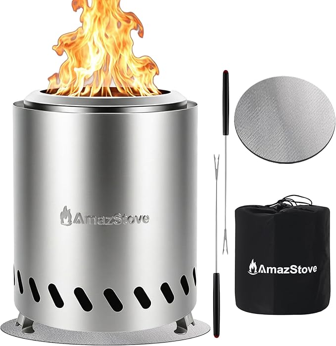9.7 x 7.1 Inch Tabletop Fire Pit by AmazStove Low Smoke Camping Stove for Outdoor Safe Burning Firepits Fueled Pellets or Wood Travel Bag Included (Silver 9.7 x 7.1 INCH)