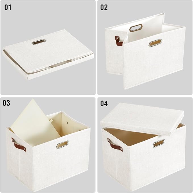 17 Large Collapsible Storage Bins with Lids Stackable Closet Organizers with PU Handle and Labels 3-Pack Decorative Fabric Storage Boxes for Home Bedroom Closet Office Nursery(White)