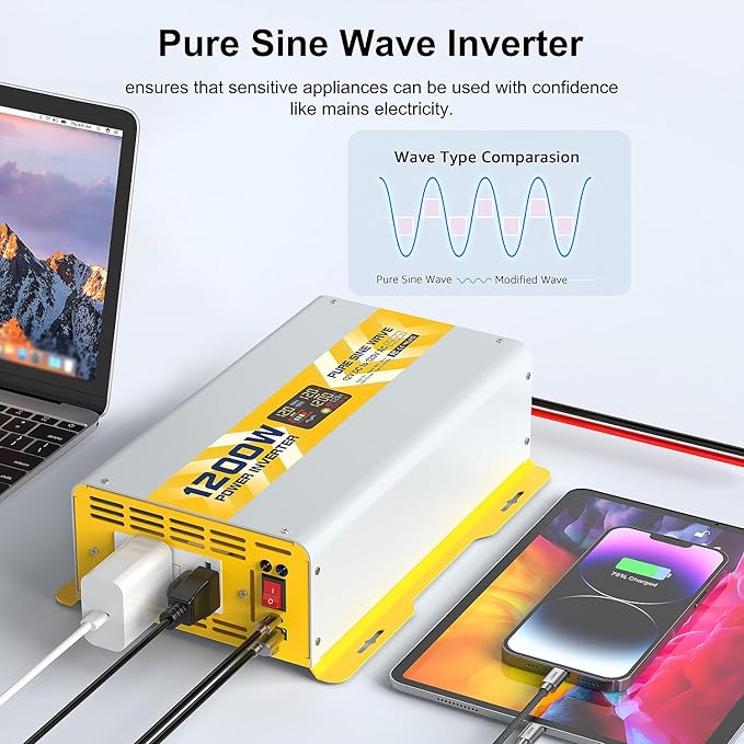 XWJNE 1200W Pure Sine Wave Power Inverter 12V DC to 120V GFCI AC Converter with LCD Display for Home RV Truck Off-Grid Solar Power