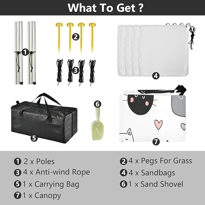 xigua Cat Pattern Beach Tent Sun Shelter with Carrying Bag - Silver Coated Oxford Fabric Beach Canopy for Beach Camping Fishing - Includes Windproof Ropes Sandbags &amp Stakes