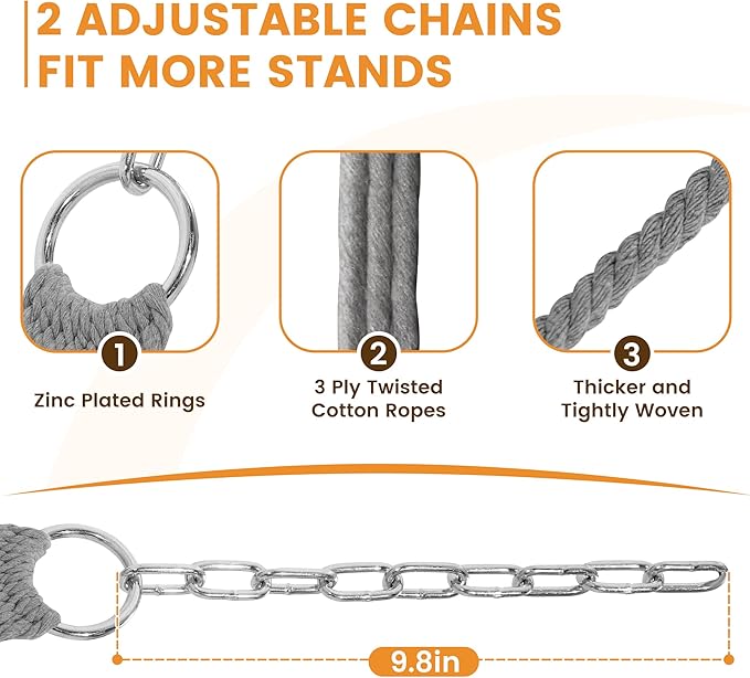 Lazy Daze Hammocks 12FT Double Rope Hammocks 2 Person Hand Woven Cotton Hammock with Spreader Bar Carabiner Tree Strap Chain for Outside FIT 13-15 FT Stand Max 450 Lbs Light Grey