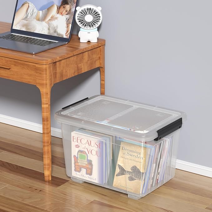 30 Quart Clear Plastic Storage Bin with Lid Stackable Latching Boxes with Wheels 4-Pack
