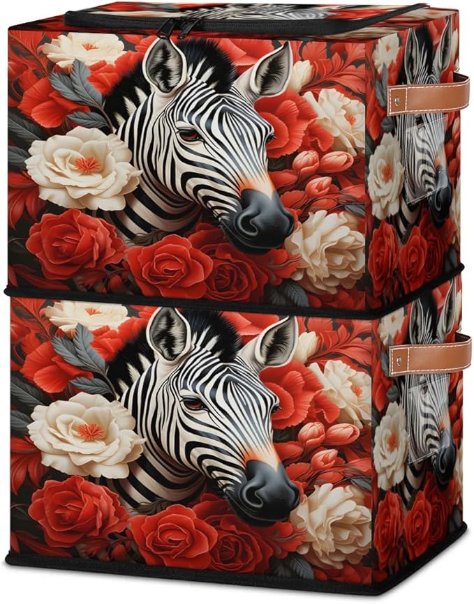 2Pcs Clothing Storage Bins with Zipper Lid Animal Zebra Storage Baskets for Organizing Foldable Storage Baskets for Closet Frame Storage Box with Reinforced Handles
