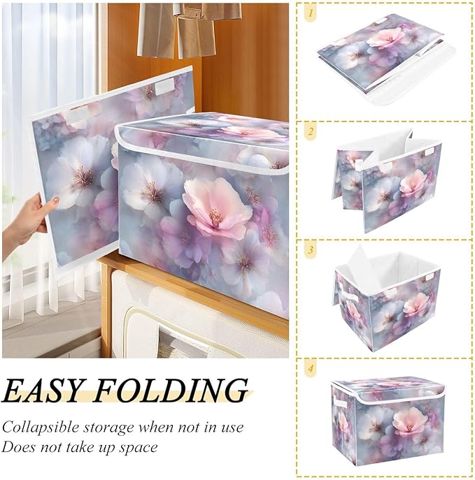 Collapsible Storage Bins with Lids Decorative Fabric Storage Cubes Closet Organizer and Storage Basket Boxes Containers for Clothes Box Chest Folding Rectangle Blue Purple Cherry Blos
