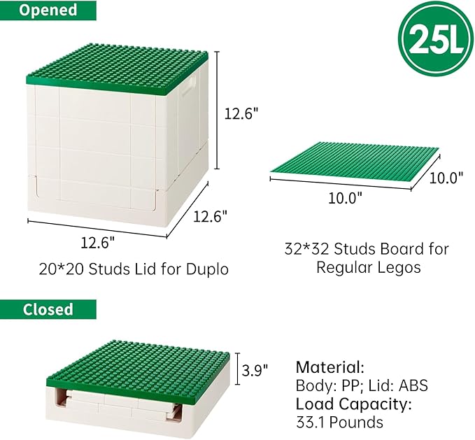 SHIMOYAMA Collapsible Storage Box with Large Building Base for Duplo Blocks 26 Qt. Foldable Storage Bin (Dark Green)