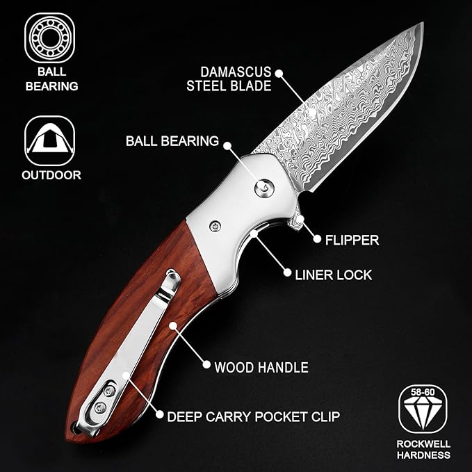 KOMWERO Damascus Pocket Knife Sharp Damascus Steel Knife with Core VG10 Steel Blade Wood Handle Folding Knife with Clip for Men Hunting 60 HRC