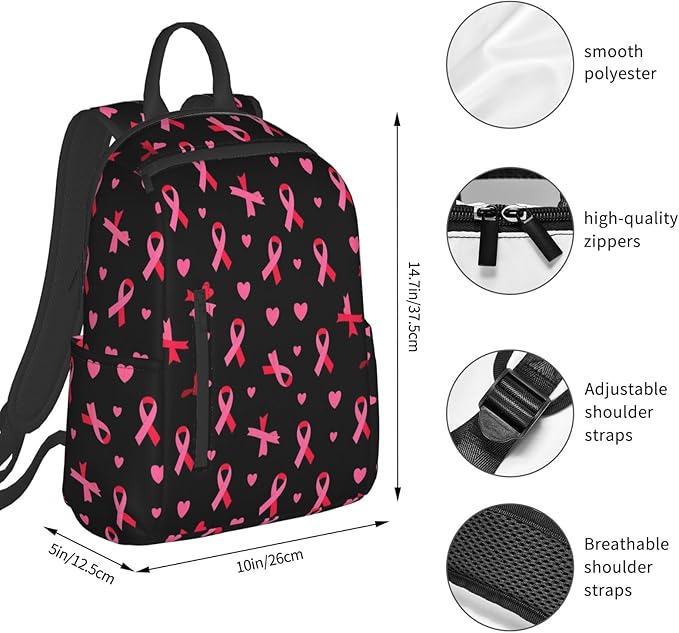 Breast cancer awareness ribbons love heart black Backpack Travel Bag Bookbags Satchels Daypacks