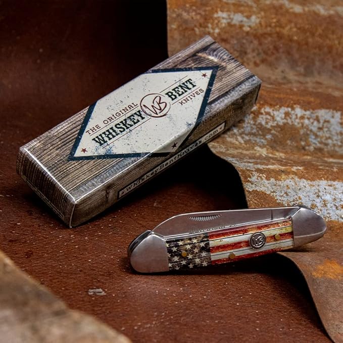 WHISKEY BENT HAT CO. Traditional Canoe Folding Camping Knife 3.63 Closed Length 440C Stainless Steel Blades (Patriot)