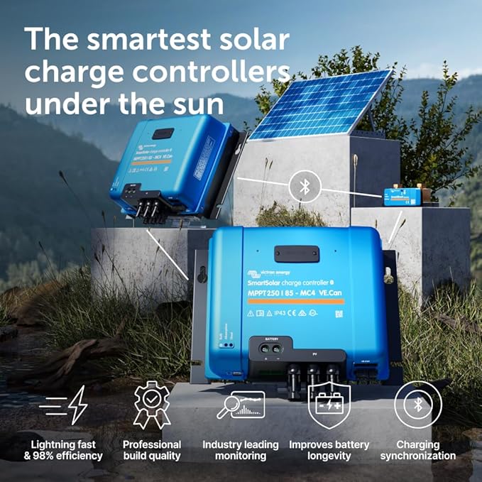 Victron Energy SmartSolar MPPT MC4 Compatible VE.Can Solar Charge Controller (Bluetooth) - Charge Controllers for Solar Panels - 250V 85 amp 12/24/36/48-Volt