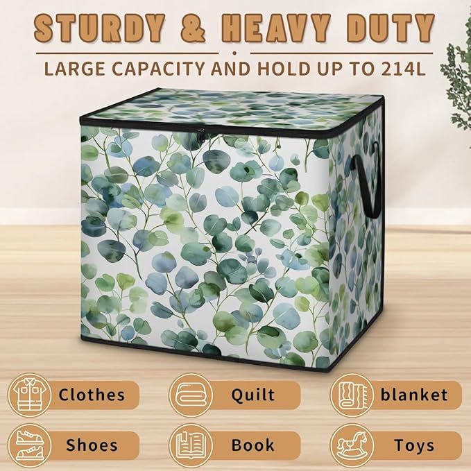XL Large Clothes Storage with Lid Handle Green Eucalyptus Large Thick Clothes Blanket Storage Containers for Organizing Bedroom Closet Comforter Organization Storage Natural Plant Leave