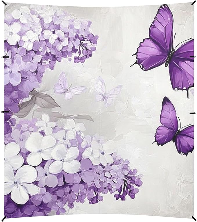 Purple Butterflies White Lilac Foldable Beach Cabana UPF50+ Easy Setup Shade Sun Shelter with Sturdy Poles Sandbags and Shovel for Family Trips Picnics &amp Camping