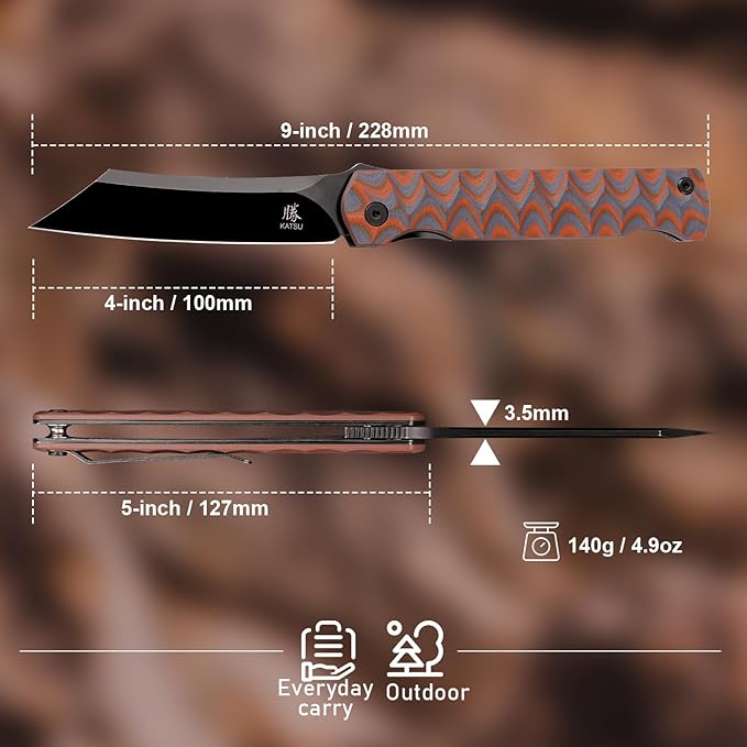 KATSU AUS-8 Steel Blade Folding KnifePocket Knife for Men G10 Handle Liner Lock Japanese Style Front Flipper EDC Knife with Clip Black Titanium Coated/Stonewashed finish