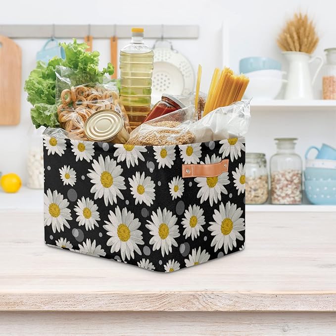 Pardick Daisy Storage Basket Bins Flower Floral Toys Books Clothes Canvas Storage Box Cubes Rectangular Collapsible with Handles for Bedroom Nursery Home Office Decor Organizer Basket