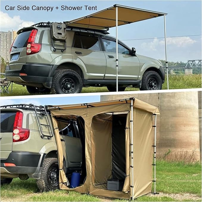 Car Camping Shower TentShower Awning for Roof Rack with RoofCar Side Shower Room with Led Light Strip &amp Storage BagPortable Privacy Shelter Bathroom Outdoor Camping Changing Room