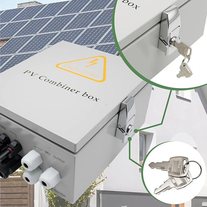 4 String Solar Combiner Box IP65 Waterproof PV Combiner Break for On/Off Grid Solar System with Lightning Arrester 15A Rated Current Fuse&amp 63A Circuit Breaker (Metal Box)