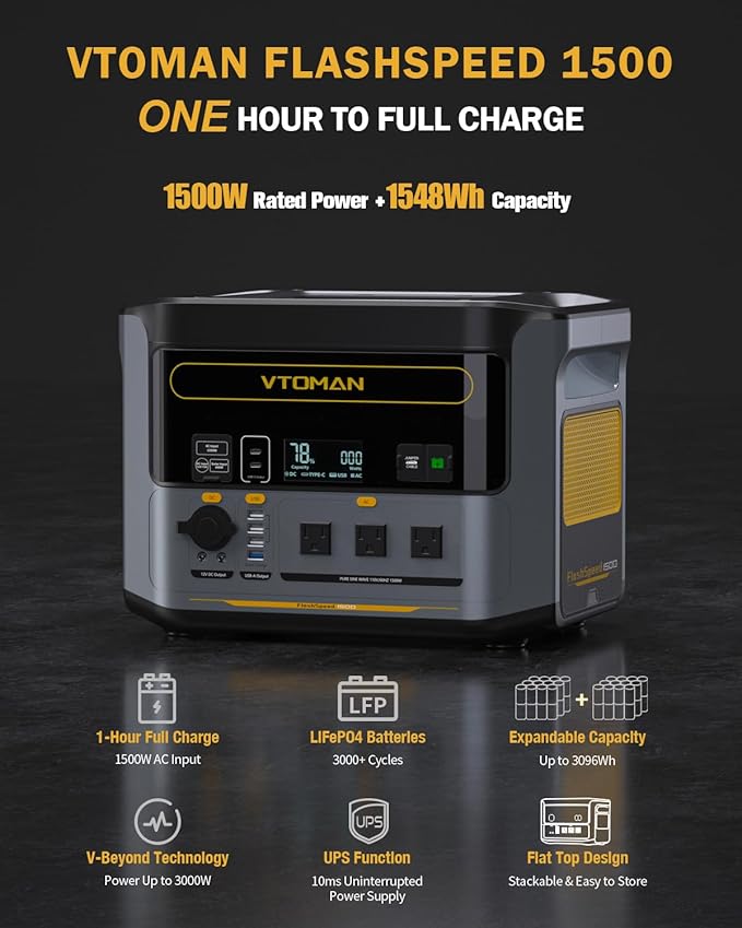 VTOMAN FlashSpeed 1500 Portable Power Station 1548Wh - Recharge 0-100% within 1H LiFePO4 Battery Powered Solar Generator with 110V/1500W AC Output/Input 100W USB Port for Camping Home Backup