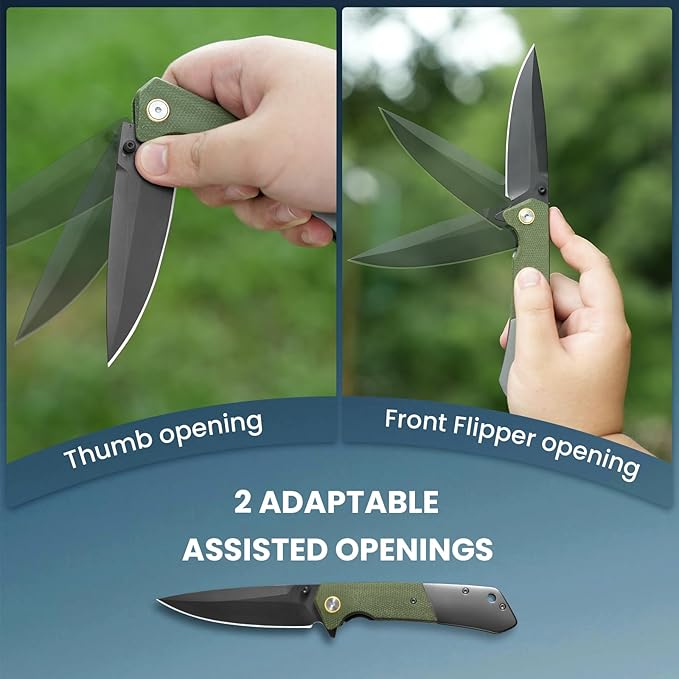 Pocket Knife For Men Folding Pocket Knife With 3.77 Sandvik 14C28N Blade &amp Micarta Handle Flipper Knife With 2-way Assisted Opening EDC Knife With Deep Pocket Clip For Hunting Camping