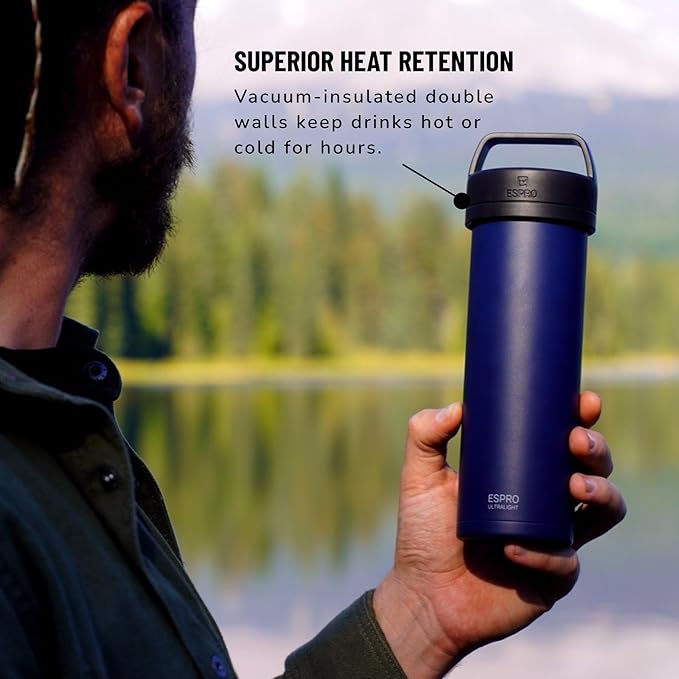 ESPRO Go P0 Ultralight French Press Coffee Maker for Travel Vacuum Insulated Stainless Steel 16 Ounces Aegean Blue