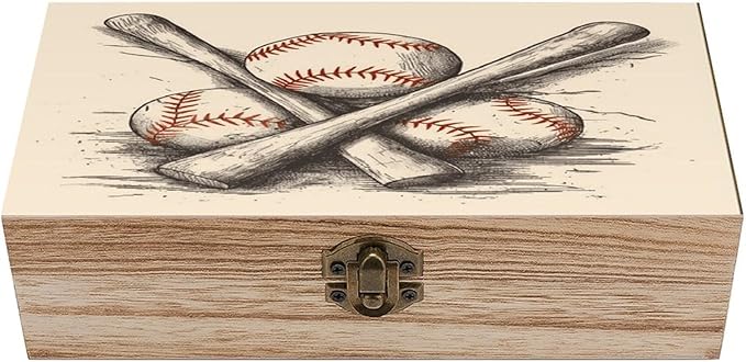 Decorative Wooden Storage Box with LidsBaseball Bats And Ball Print Wooden BoxWooden Gift Boxes for KeepsakeJewelry And Home Decoration