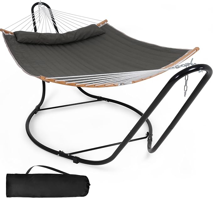 SUNCREAT Double Hammock with Curved Spreader Bar Hammock with Stand Included 2 Person Patent Pending Dark Gray