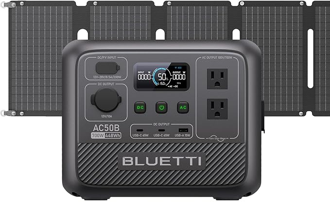 BLUETTI Solar Generator AC50B with 60W Solar Panel Included 448Wh Portable Power Station w/ 2 700W (1050W Surge) AC Outlets LiFePO4 Battery Backup for Outdoor Camping Trip Power Outage