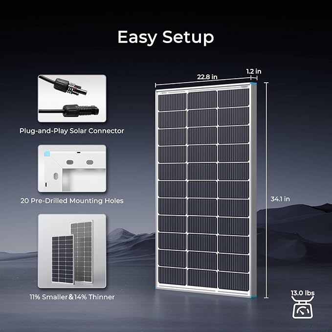 Renogy N-Type 100 Watt Solar Panel with Mounting Z Brackets 16BB 100W Solar Panel 12V 25% High Efficiency PV Module Power Charger for RV Camper Marine Home Rooftop Off-Grid