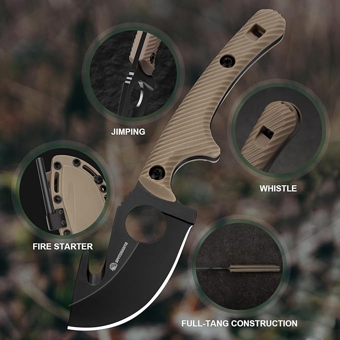 Small Hunting Knife HO-YN Compact Fixed Blade Knife with Gut Hook Rotating Clip &amp Whistle for Fishing &amp Outdoor (Khaki)