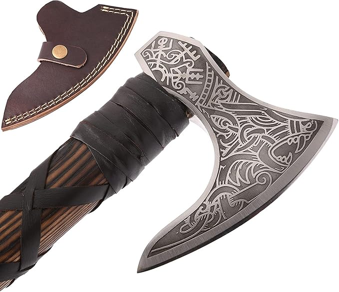 | Viking Axe | Wolf &amp Vegvisir Carbon Steel Axe Head | Wolf Camp Axe | Genuine Leather Sheath &amp Wrap | Bearded Axe | Ragnar Lothbrok Axe...