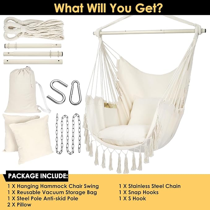 Y- STOP Hammock Chair Hanging Rope Swing Max 500 Lbs 2 Cushions Included Large Macrame Hanging Chair with Pocket for Superior Comfort with Hardware Kit (Beige)