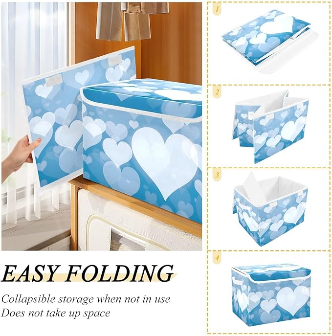 senya Valentines Baskets Collapsible Storage Bins with Lids Blue Abstract Heart Storage Boxes Clothes Baskets for Organizing