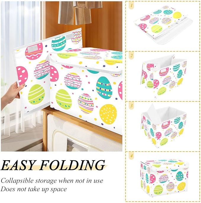 Storage Baskets with Lids Colorful Easter Eggs Collapsible Bins Stackable Fabric Linen Baskets Closet Organizer Container 16.5x12.6x11.8