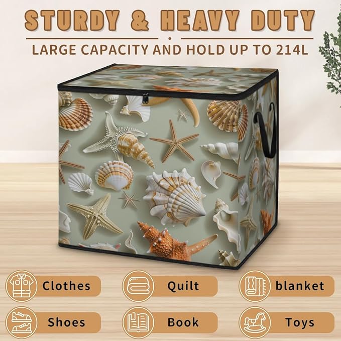 XL Large Clothes Storage with Lid Handle Starfish Large Thick Clothes Blanket Storage Containers for Organizing Bedroom Closet Comforter Tropical Seashells and Scallops