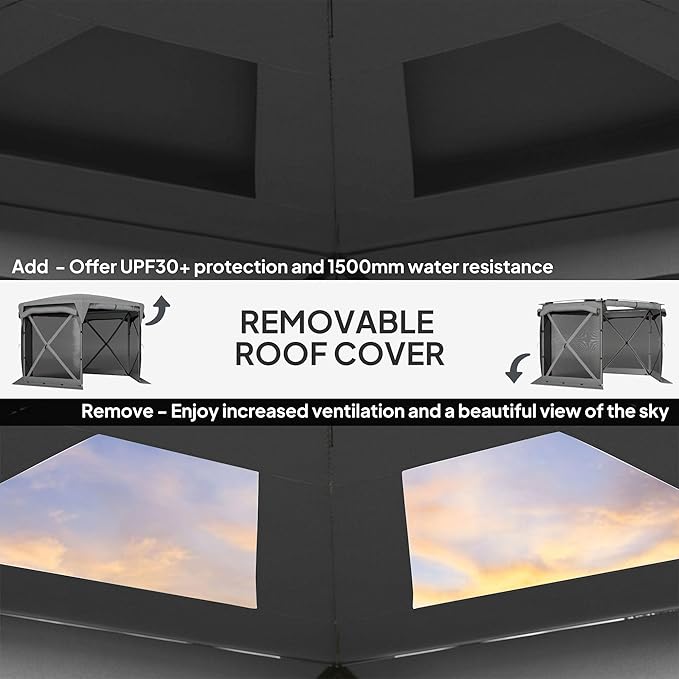 11x11ft Quality Construction Pop-Up Gazebo Screen Tent with Removable Roof Cover and Retractable Wind Panels in Dark Gray