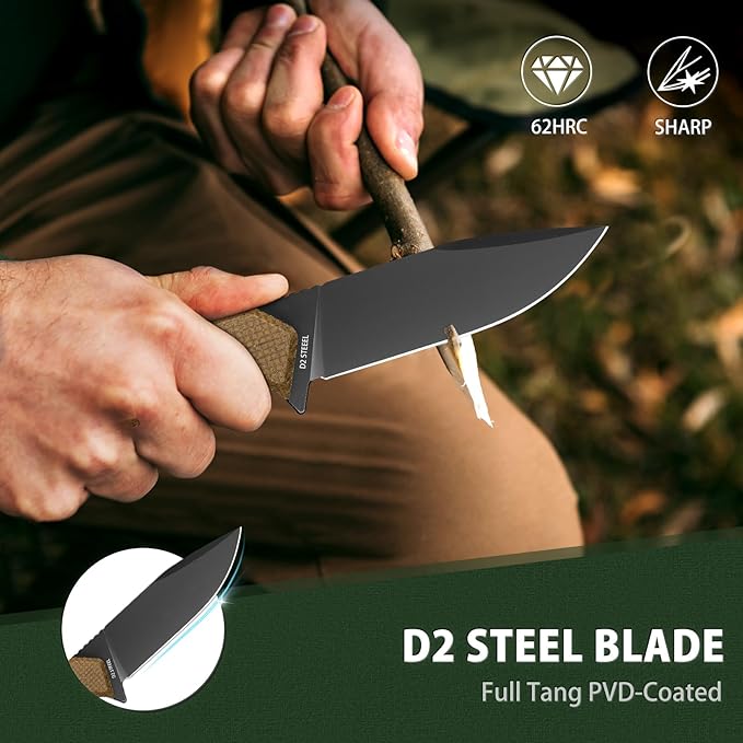 NedFoss BOAR Survival Knife with Fire Starter 4.1 D2 Steel Full Tang Hunting Knife Kydex Sheath Micarta Handle