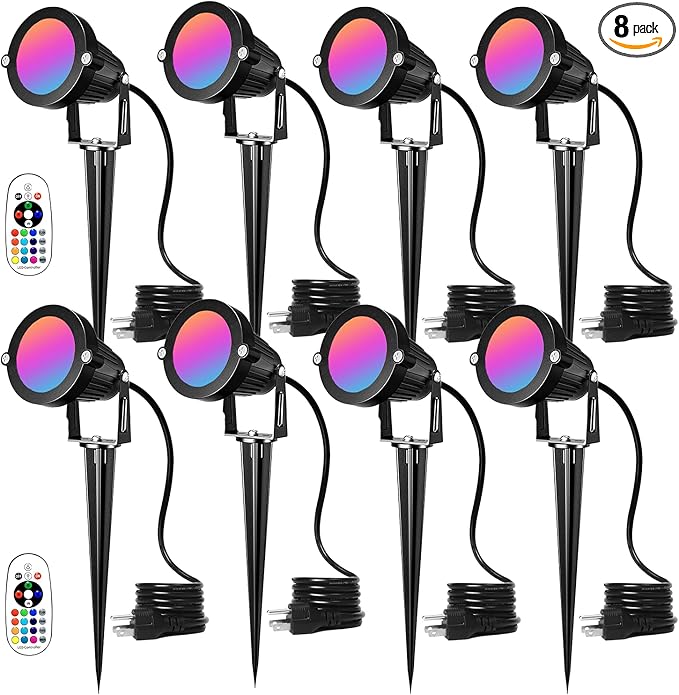 12W RGBW Landscape SpotlightColor Changing120V Landscape Lighting with RemoteIP65 Landscape Lights 16 Colors +Warm White Garden Decorative Lamp with US 3 Prong(8Pack)