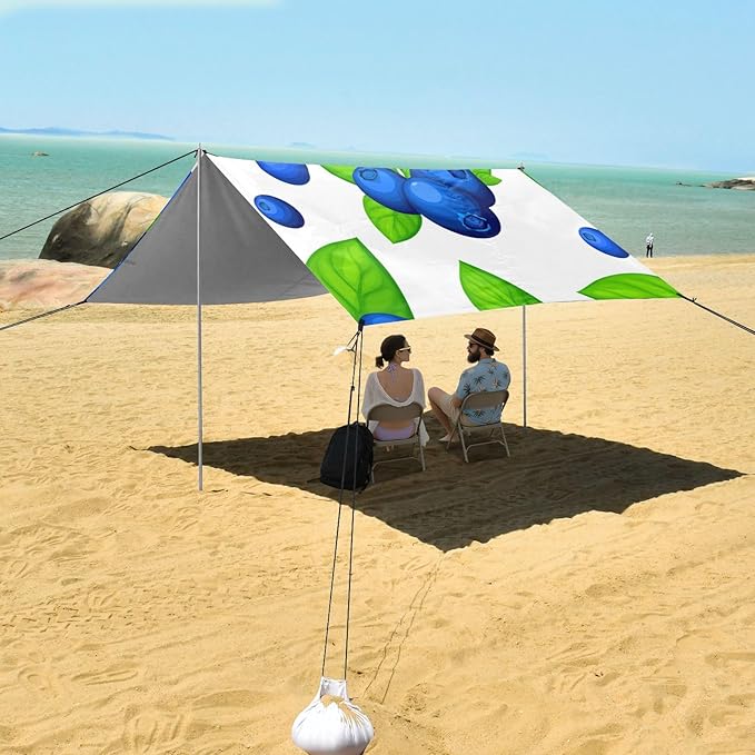 Beach Canopy with Windproof Ropes &amp Sandbags Beach Tent Sun Shade Sun Shelter for Camping Trips Fishing Backyard Fun or Picnics Blueberries