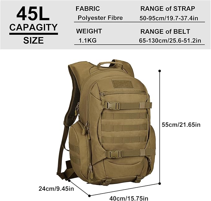 Tactical Travel Backpack Large Military Tactical Assault Pack 3 Day Heavy Duty Camping Rucksack 45L Hiking Bags (Khaki)