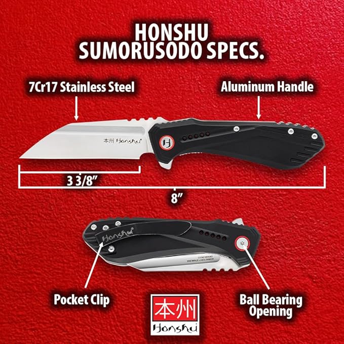 Honshu Sumorusodo Pocket Knife | 7CR17 Stainless Steel Wharncliffe Blade | Ball Bearing Opening | Black Iodized 6061 Aluminum Handle | Pocket Clip | 3 3/8 Blade Length