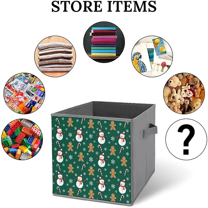 Collapsible Storage Bins with Handles Christmas Gingerbread Snowman Green Foldable Cube Organizer Box for Closet Shelf Toy Storage Space-Saving Home &amp Office Decor