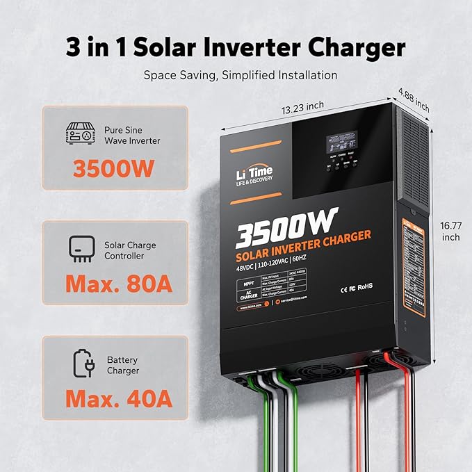 LiTime Solar Inverter Charger 3500W DC 48V to AC 120V Pure Sine Wave Inverter with 80A MPPT Charge Controller 40A AC Battery Charger Uninterrupted Power Supply (UPS) RS485 Communication